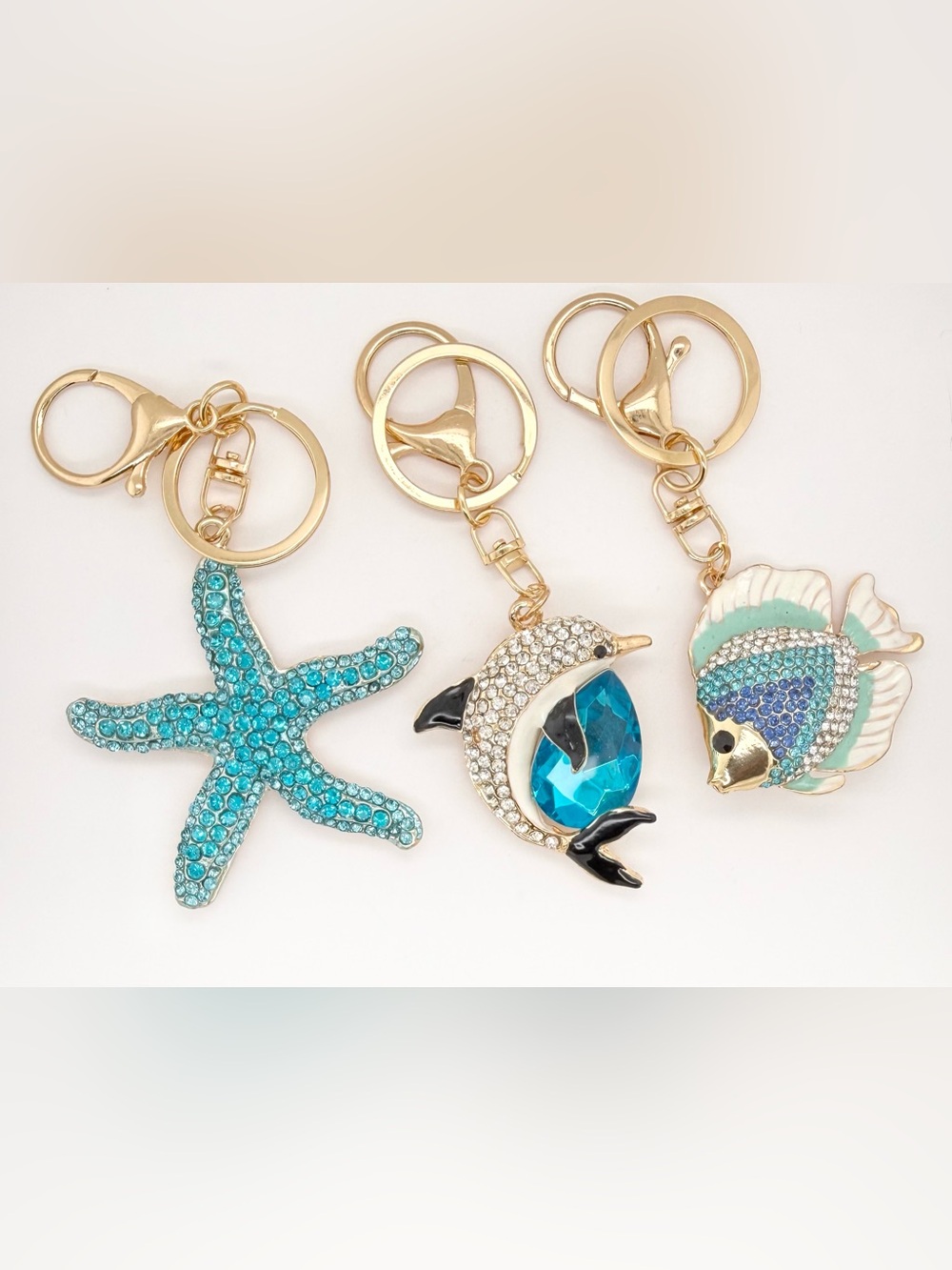 3 Crystal Rhinestone Enamel Fish Starfish Dolphin Keychain Bag Charm Gold Tone - Picture 1 of 7